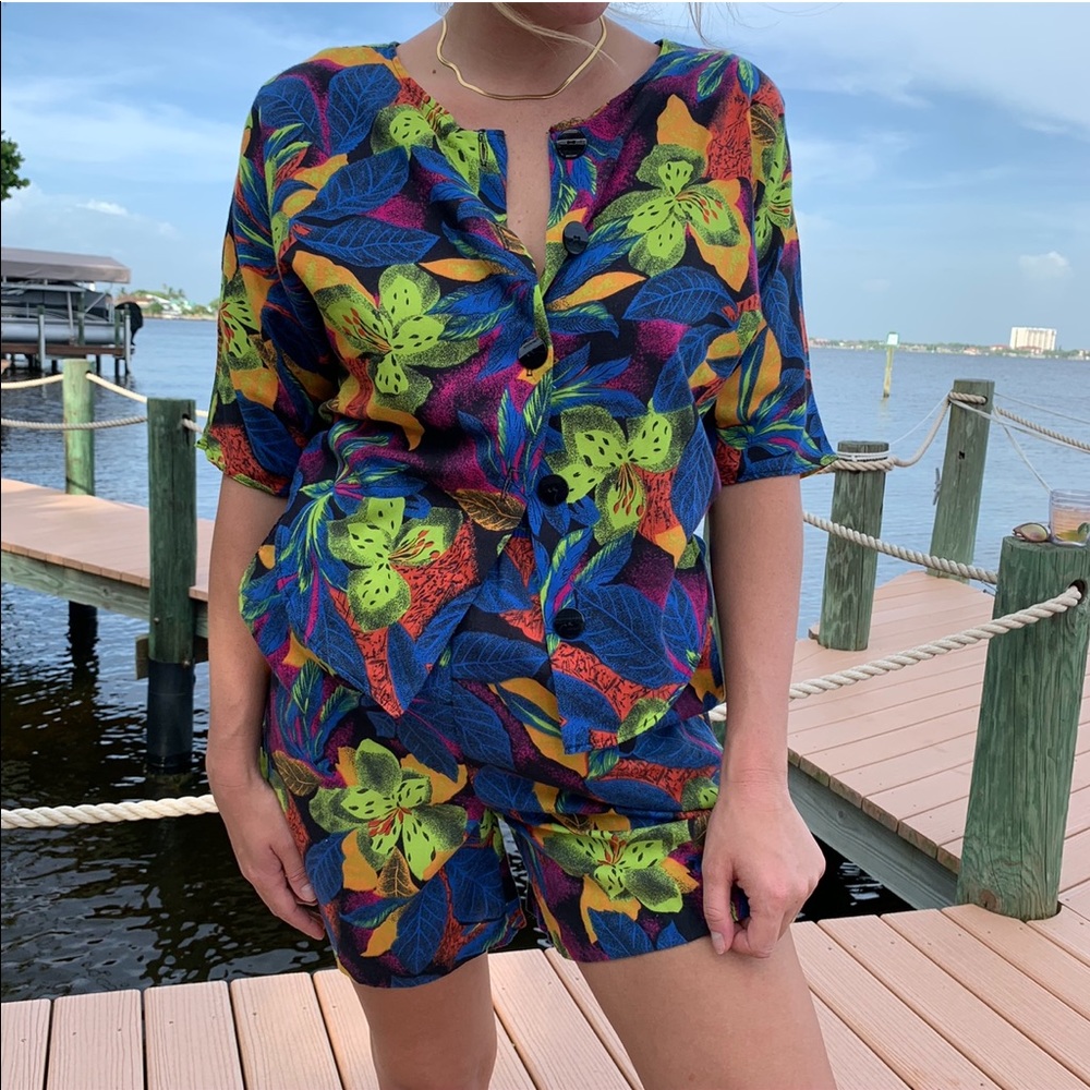 Vintage 2 Piece Shorts Set Tropical Print
